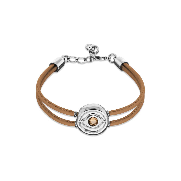 Double Cream Leather Metal Alloy Eye Detail Pleated Sterling Silver Crystal Bracelet PUL2601CREMTL0M