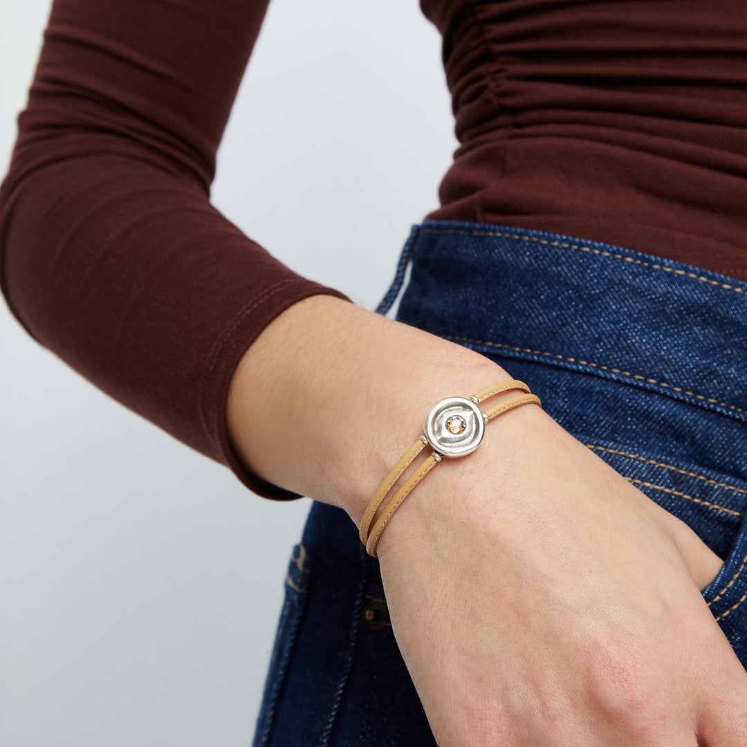 Double Cream Leather Metal Alloy Eye Detail Pleated Sterling Silver Crystal Bracelet PUL2601CREMTL0M