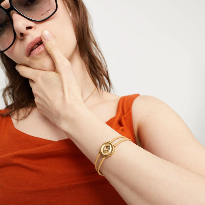 Double Cream Leather Metal Alloy Eye Detail Pleated Gold 18K Crystal Bracelet PUL2601CREORO0M