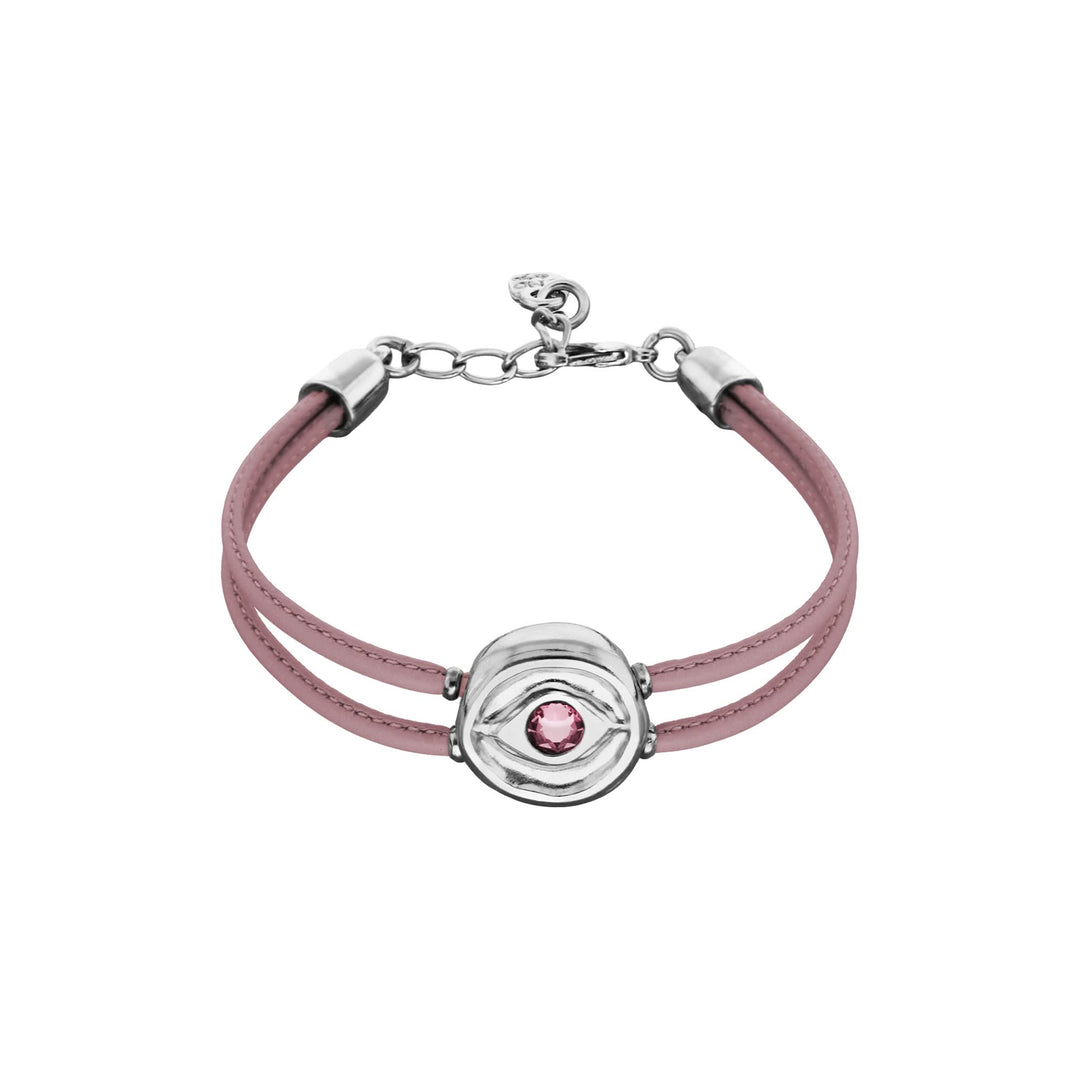 Double Lilac Leather Metal Alloy Eye Detail Pleated Sterling Silver Crystal Bracelet PUL2601LILMTL0M