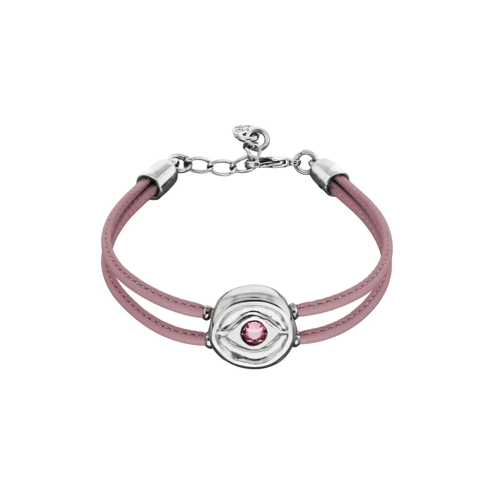 Double Lilac Leather Metal Alloy Eye Detail Pleated Sterling Silver Crystal Bracelet PUL2601LILMTL0M