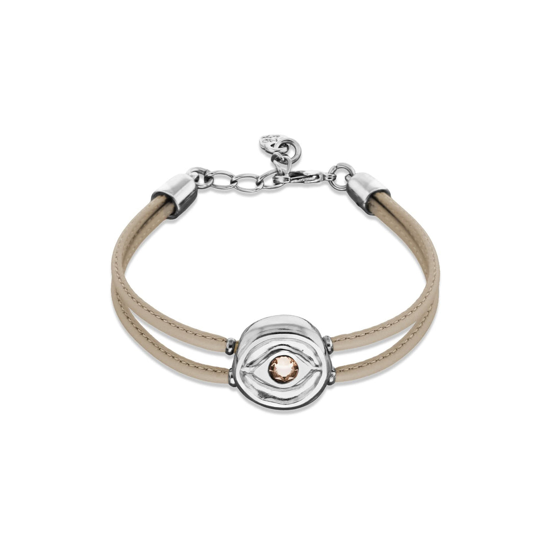 Double Ivory Leather Metal Alloy Eye Detail Pleated Sterling Silver Crystal Bracelet PUL2601MFLMTL0M