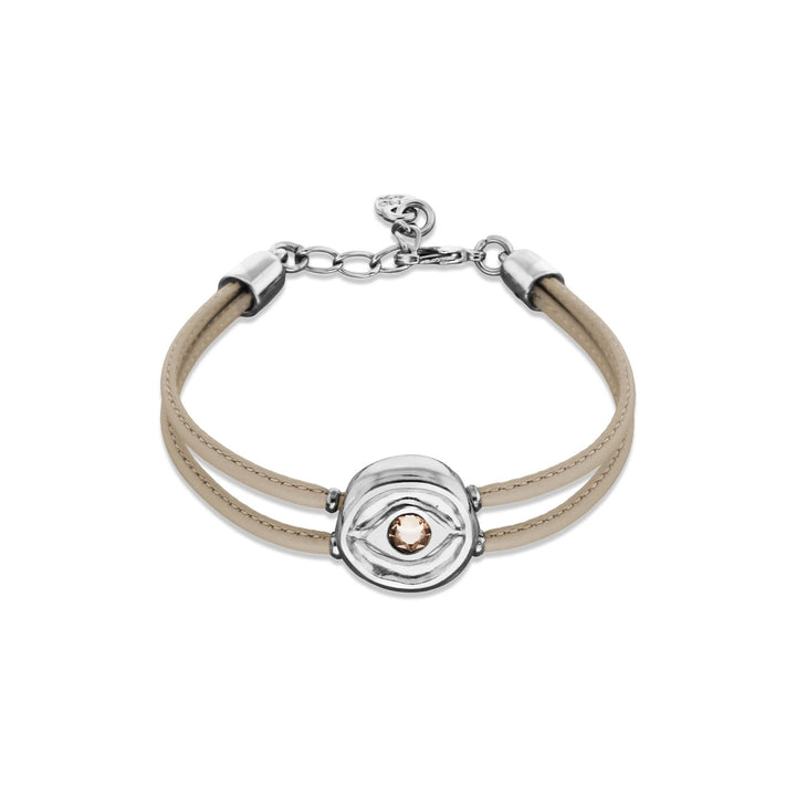 Double Ivory Leather Metal Alloy Eye Detail Pleated Sterling Silver Crystal Bracelet PUL2601MFLMTL0M