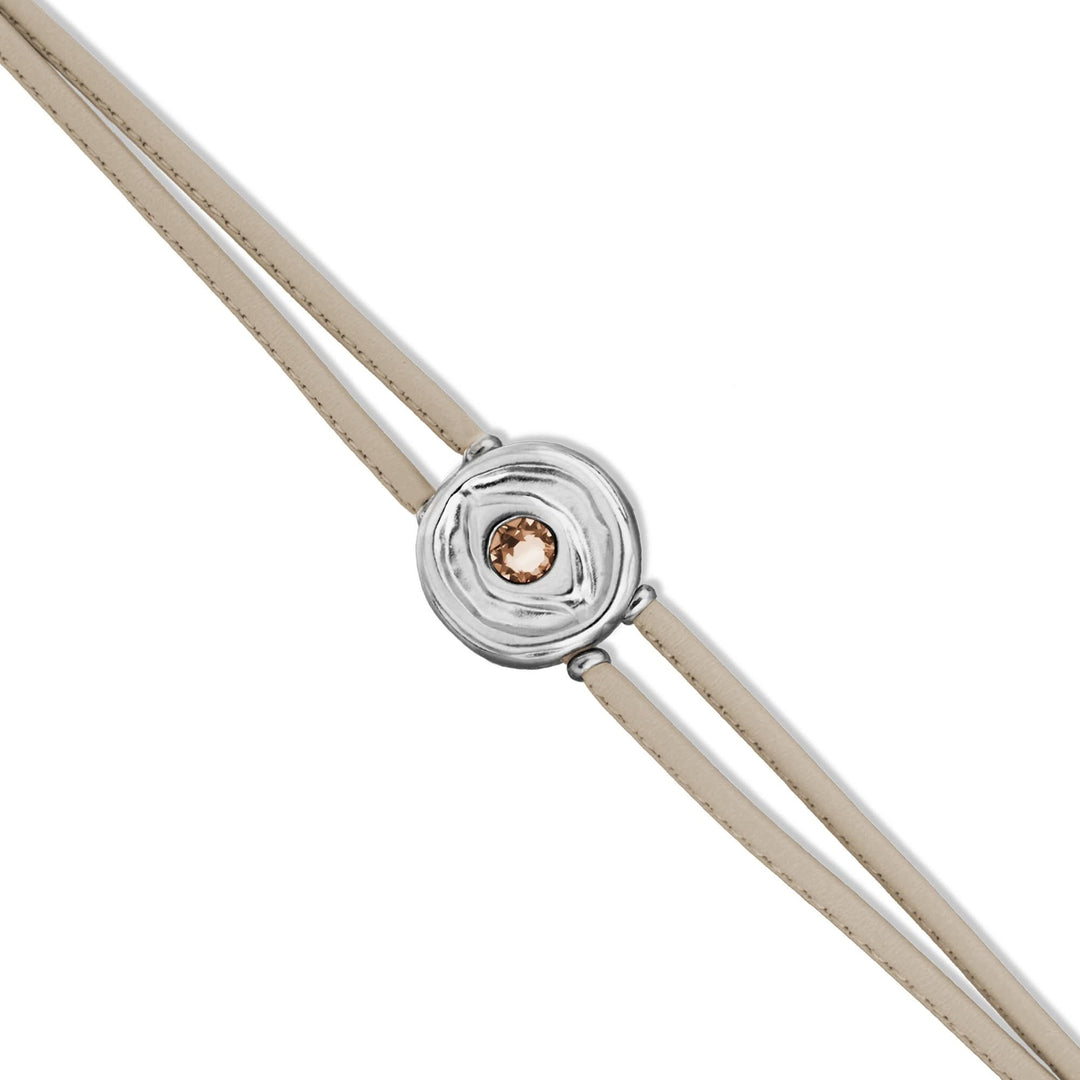 Double Ivory Leather Metal Alloy Eye Detail Pleated Sterling Silver Crystal Bracelet PUL2601MFLMTL0M
