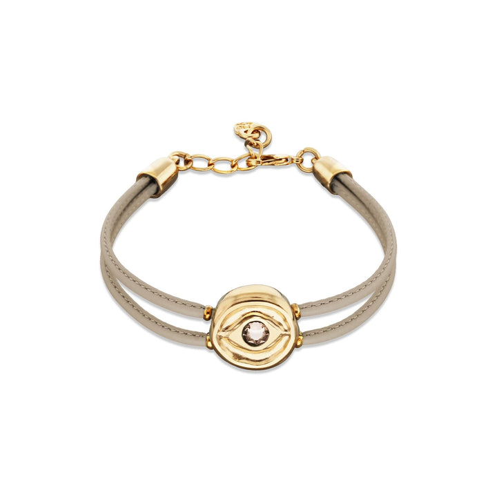 Double Ivory Leather Metal Alloy Eye Detail Pleated Gold 18K Crystal Bracelet PUL2601MFLORO0M