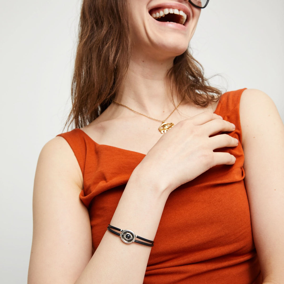 Double Black Leather Metal Alloy Eye Detail Pleated Sterling Silver Crystal Bracelet PUL2601NGRMTL0M