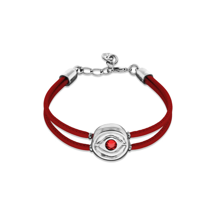 Double Red Leather Metal Alloy Eye Detail Pleated Sterling Silver Crystal Bracelet PUL2601ROJMTL0M