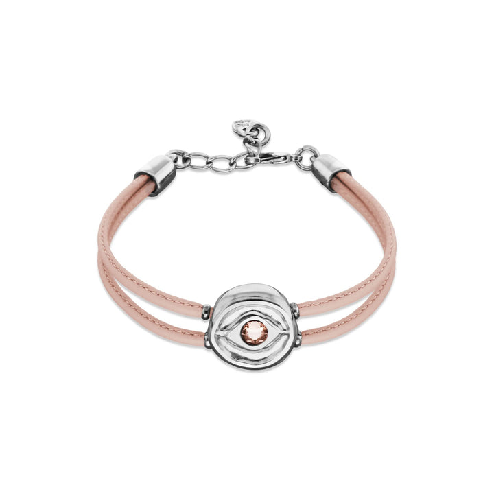 Double Pink Leather Metal Alloy Eye Detail Pleated Sterling Silver Crystal Bracelet PUL2601RSCMTL0M