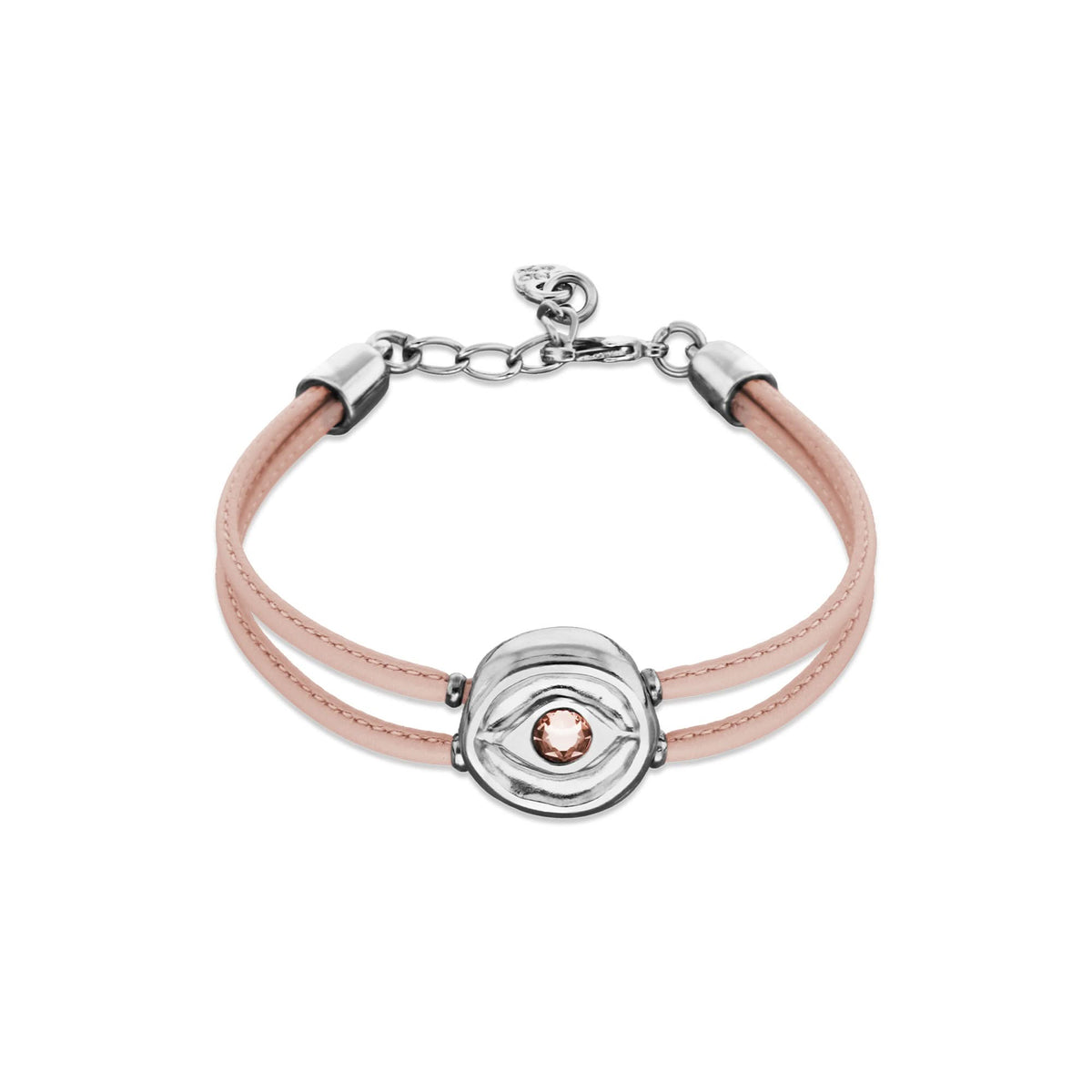 Double Pink Leather Metal Alloy Eye Detail Pleated Sterling Silver Crystal Bracelet PUL2601RSCMTL0M
