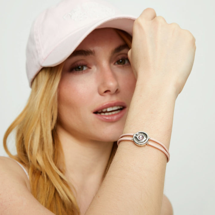 Double Pink Leather Metal Alloy Eye Detail Pleated Sterling Silver Crystal Bracelet PUL2601RSCMTL0M