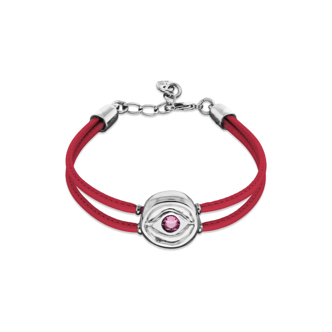 Double Dark Pink Leather Metal Alloy Eye Detail Pleated Sterling Silver Crystal Bracelet PUL2601RSOMTL0M