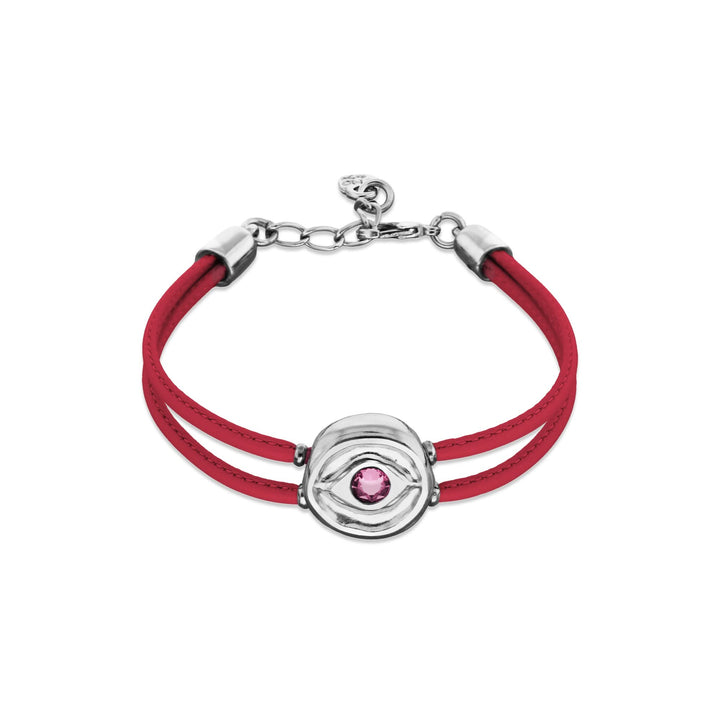 Double Dark Pink Leather Metal Alloy Eye Detail Pleated Sterling Silver Crystal Bracelet PUL2601RSOMTL0M