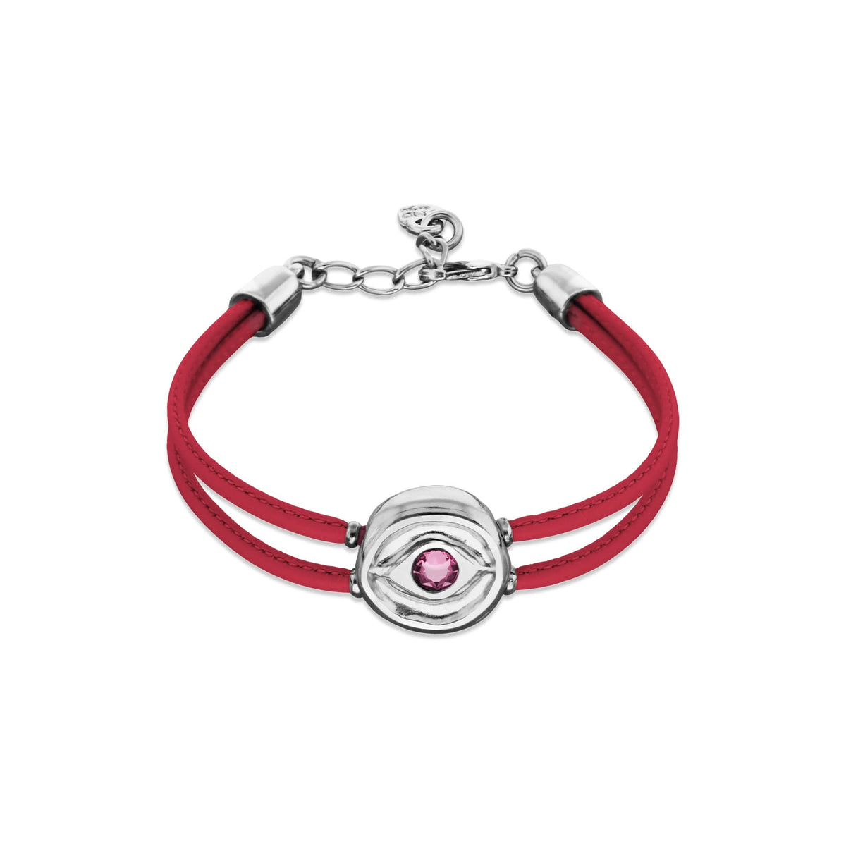Double Dark Pink Leather Metal Alloy Eye Detail Pleated Sterling Silver Crystal Bracelet PUL2601RSOMTL0M