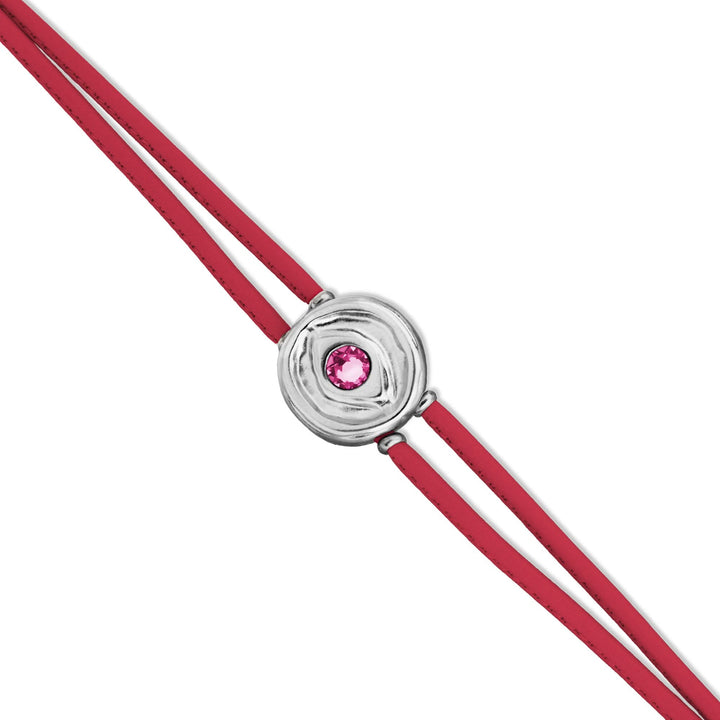 Double Dark Pink Leather Metal Alloy Eye Detail Pleated Sterling Silver Crystal Bracelet PUL2601RSOMTL0M