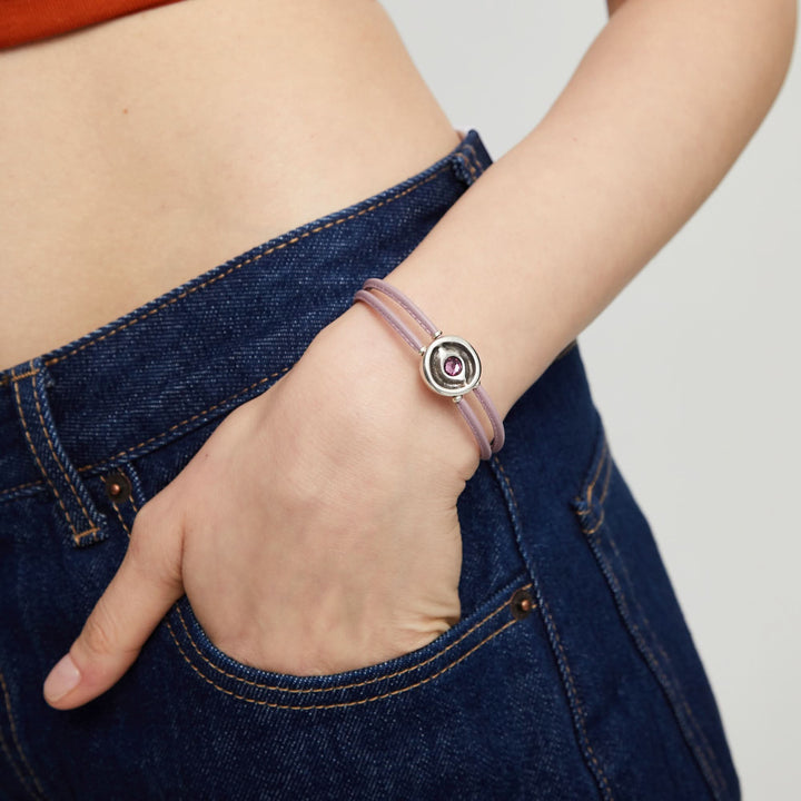 Double Dark Pink Leather Metal Alloy Eye Detail Pleated Sterling Silver Crystal Bracelet PUL2601RSOMTL0M