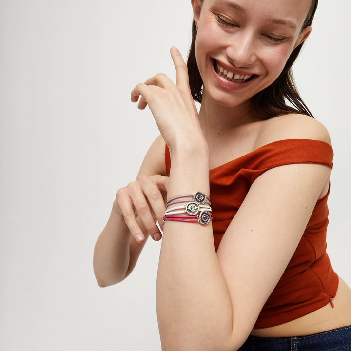Double Dark Pink Leather Metal Alloy Eye Detail Pleated Sterling Silver Crystal Bracelet PUL2601RSOMTL0M