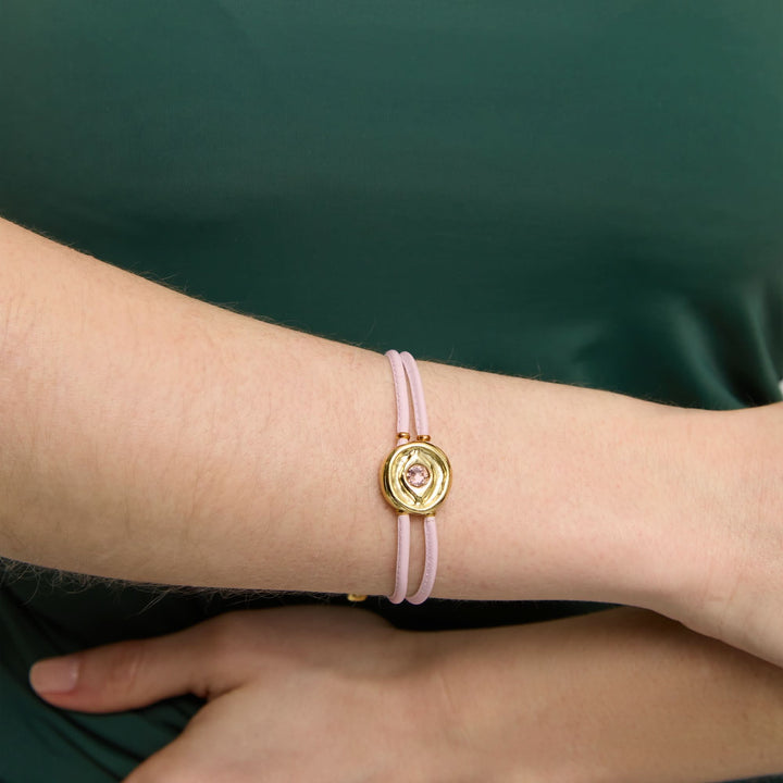 Double Dark Pink Leather Metal Alloy Eye Detail Pleated Gold 18K Crystal Bracelet PUL2601RSOORO0M
