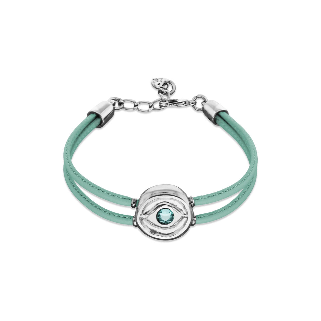 Double Turquoise Leather Metal Alloy Eye Detail Pleated Sterling Silver Crystal Bracelet PUL2601TQSMTL0M