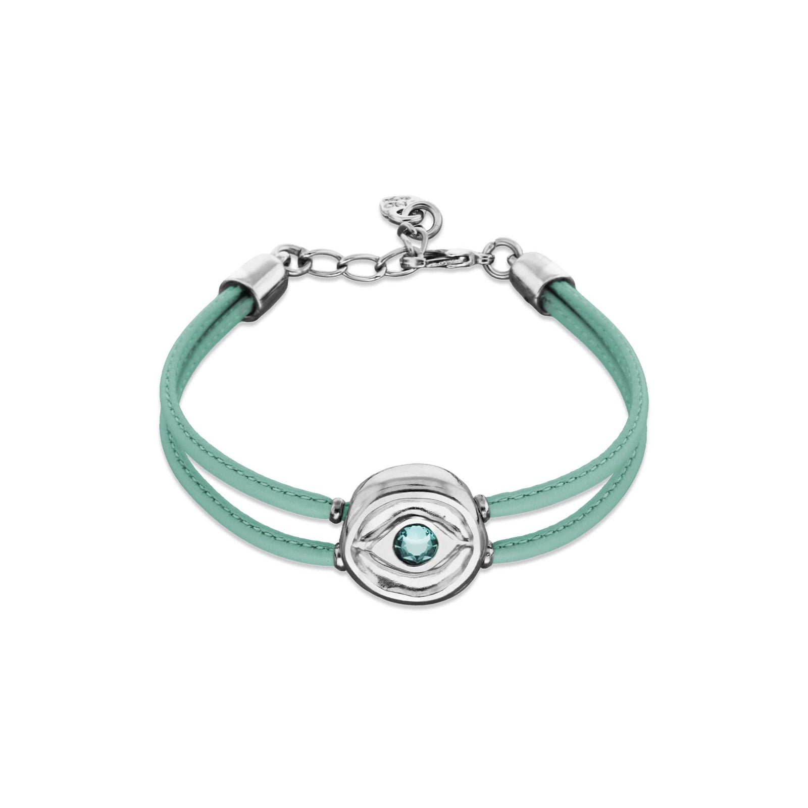 Double Turquoise Leather Metal Alloy Eye Detail Pleated Sterling Silver Crystal Bracelet PUL2601TQSMTL0M