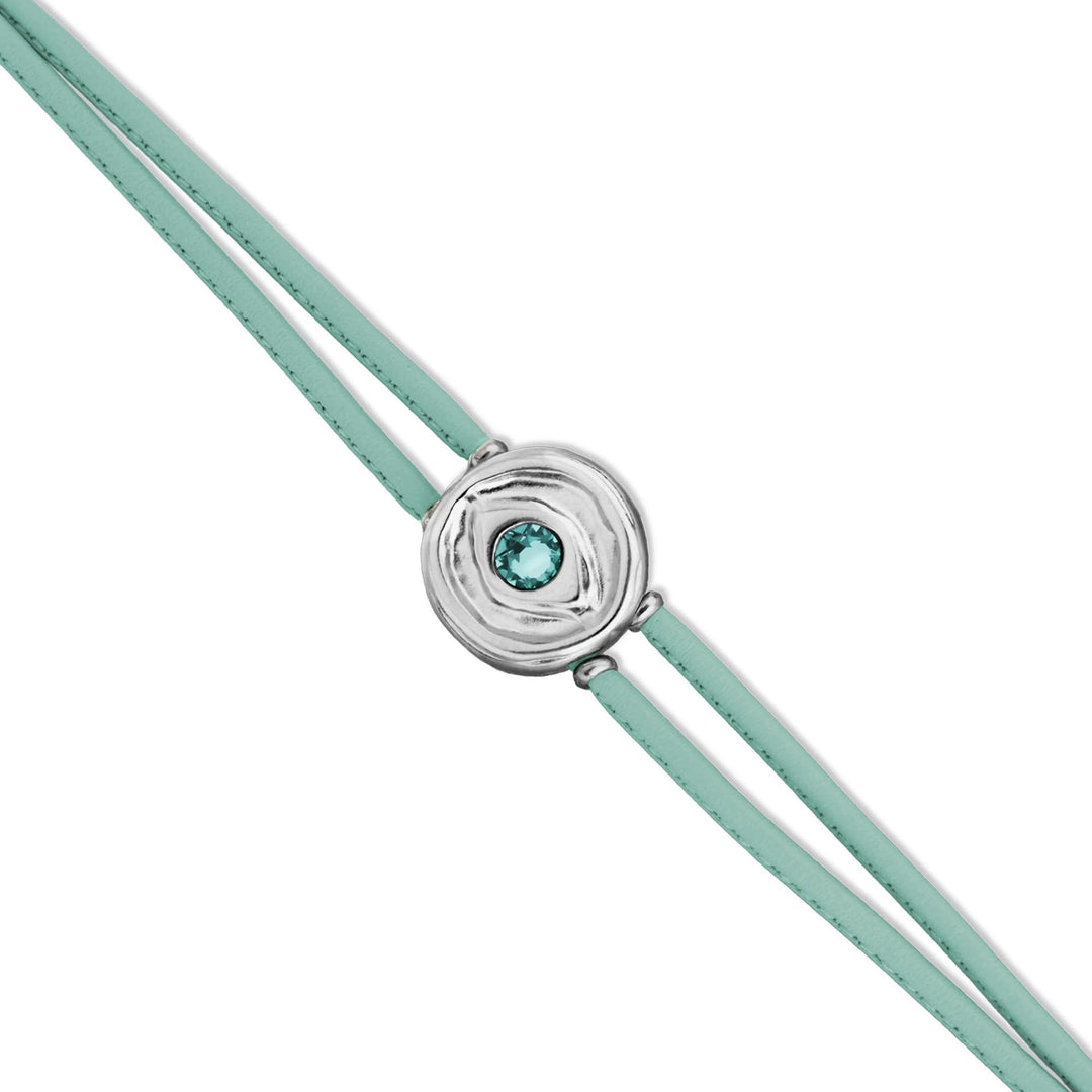 Double Turquoise Leather Metal Alloy Eye Detail Pleated Sterling Silver Crystal Bracelet PUL2601TQSMTL0M