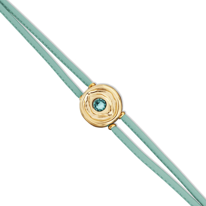 Turquoise Leather Metal Alloy Eye Detail Pleated Gold 18K Crystal Bracelet PUL2601TQSORO0M