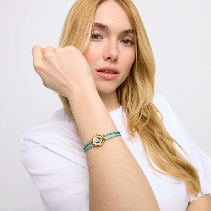 Turquoise Leather Metal Alloy Eye Detail Pleated Gold 18K Crystal Bracelet PUL2601TQSORO0M