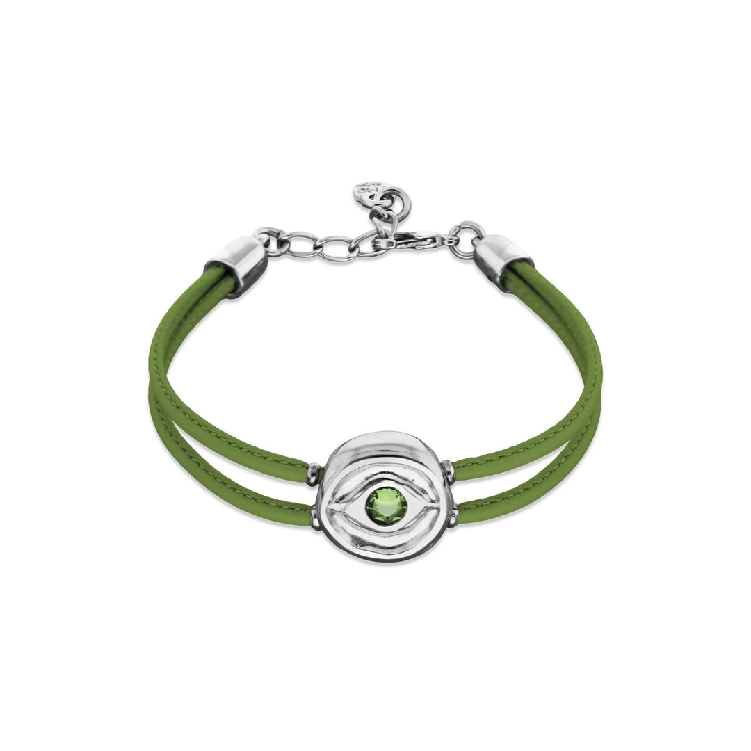 Double Green Leather Metal Alloy Eye Detail Pleated Sterling Silver Crystal Bracelet PUL2601VRDMTL0M