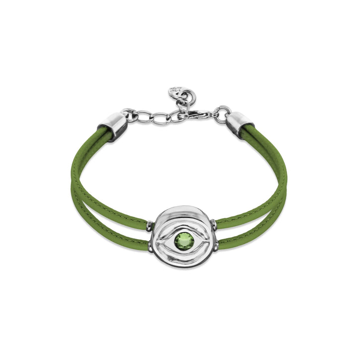 Double Green Leather Metal Alloy Eye Detail Pleated Sterling Silver Crystal Bracelet PUL2601VRDMTL0M