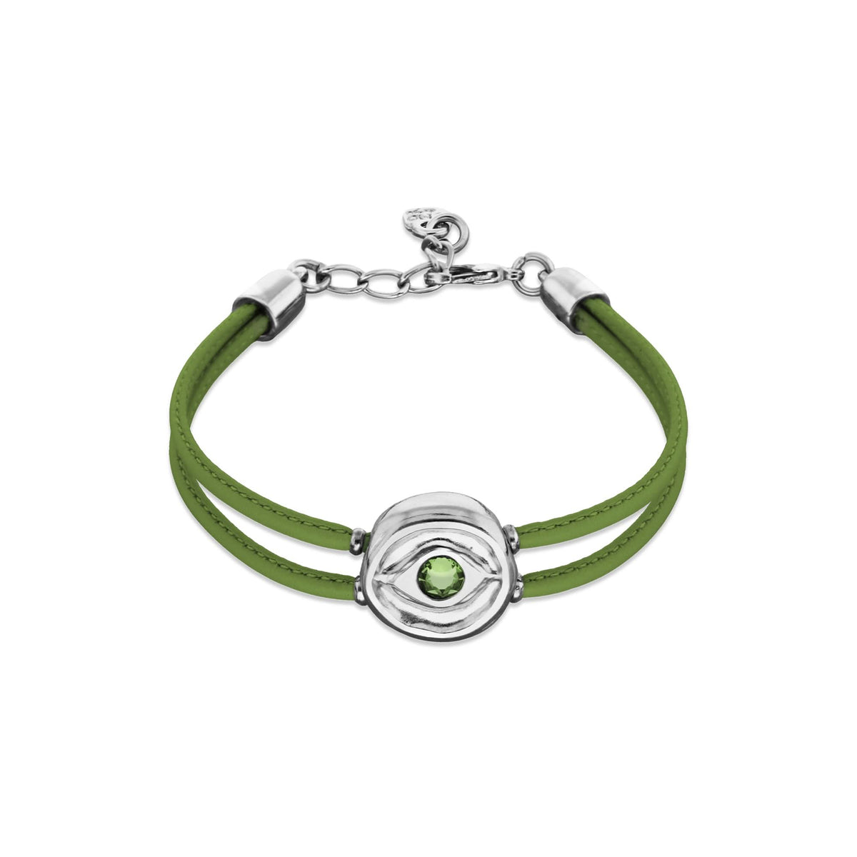 Double Green Leather Metal Alloy Eye Detail Pleated Sterling Silver Crystal Bracelet PUL2601VRDMTL0M