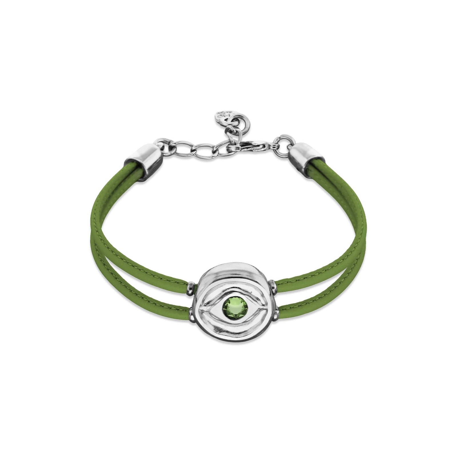 Double Green Leather Metal Alloy Eye Detail Pleated Sterling Silver Crystal Bracelet PUL2601VRDMTL0M
