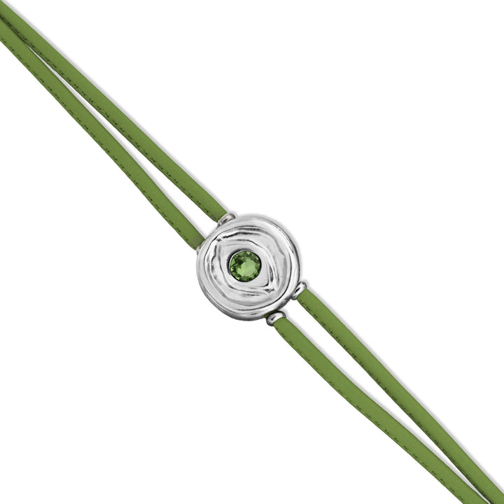 Double Green Leather Metal Alloy Eye Detail Pleated Sterling Silver Crystal Bracelet PUL2601VRDMTL0M