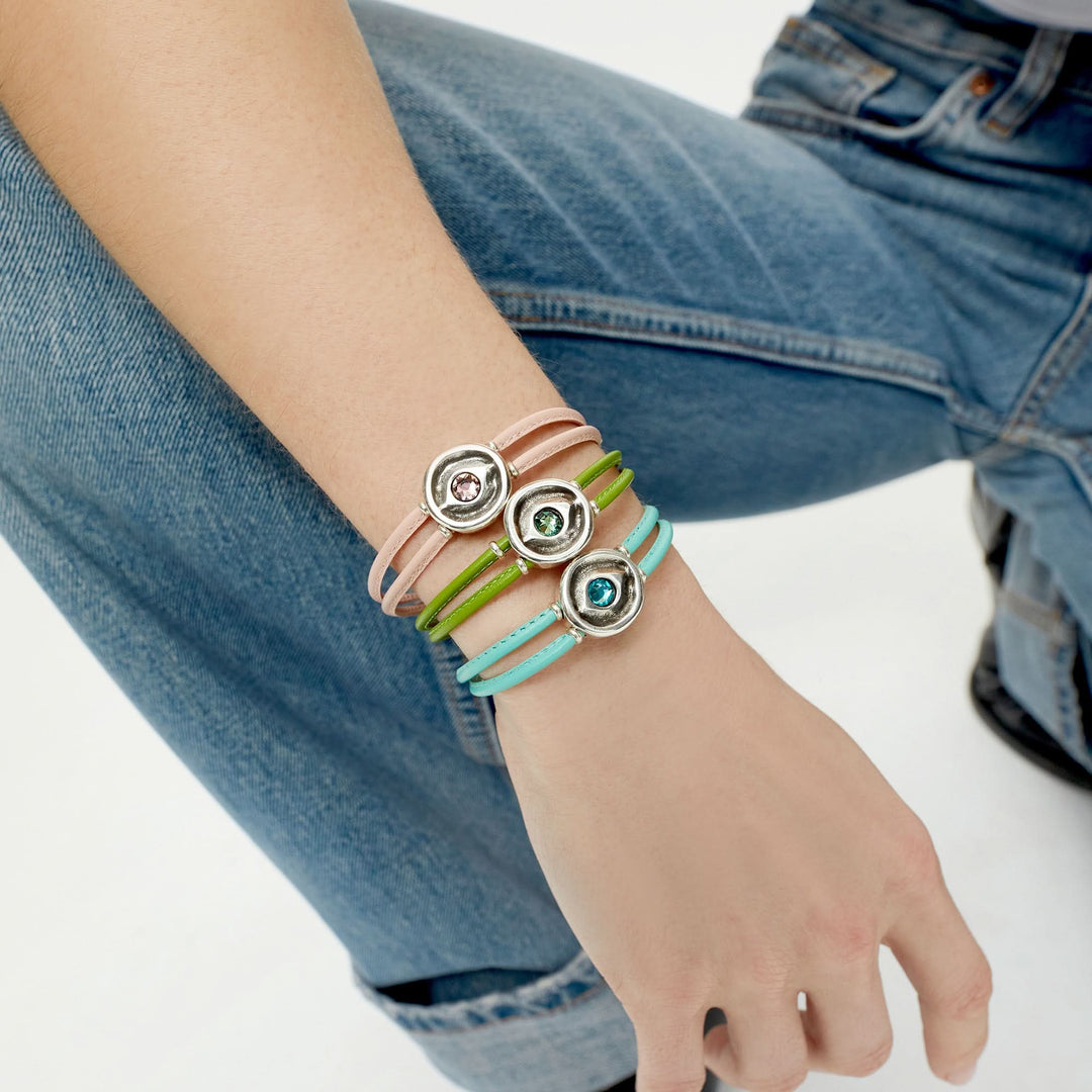 Double Green Leather Metal Alloy Eye Detail Pleated Gold 18K Crystal Bracelet PUL2601VRDORO0M