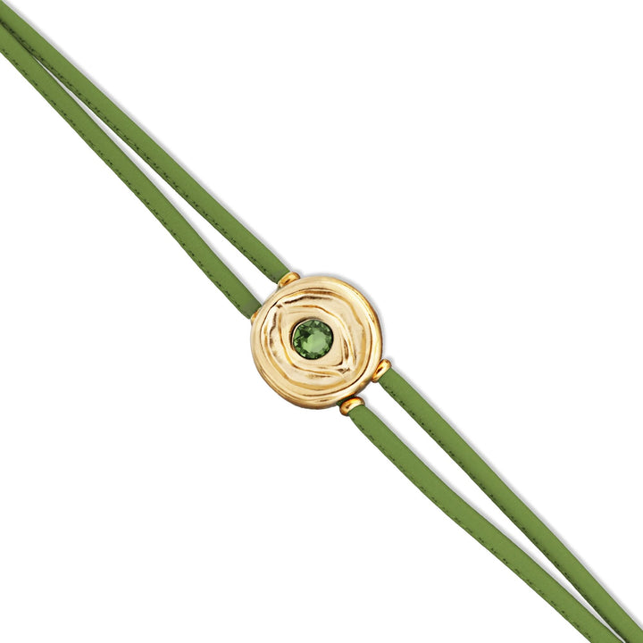 Double Green Leather Metal Alloy Eye Detail Pleated Gold 18K Crystal Bracelet PUL2601VRDORO0M