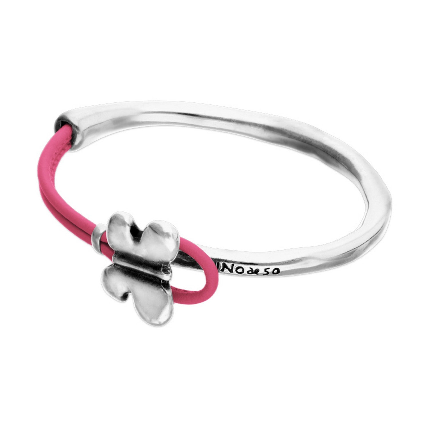 Semi-Rigid Plated In Sterling Silver Pink Leather Threat And Butterfly Bracelets PUL2614RSAMTL