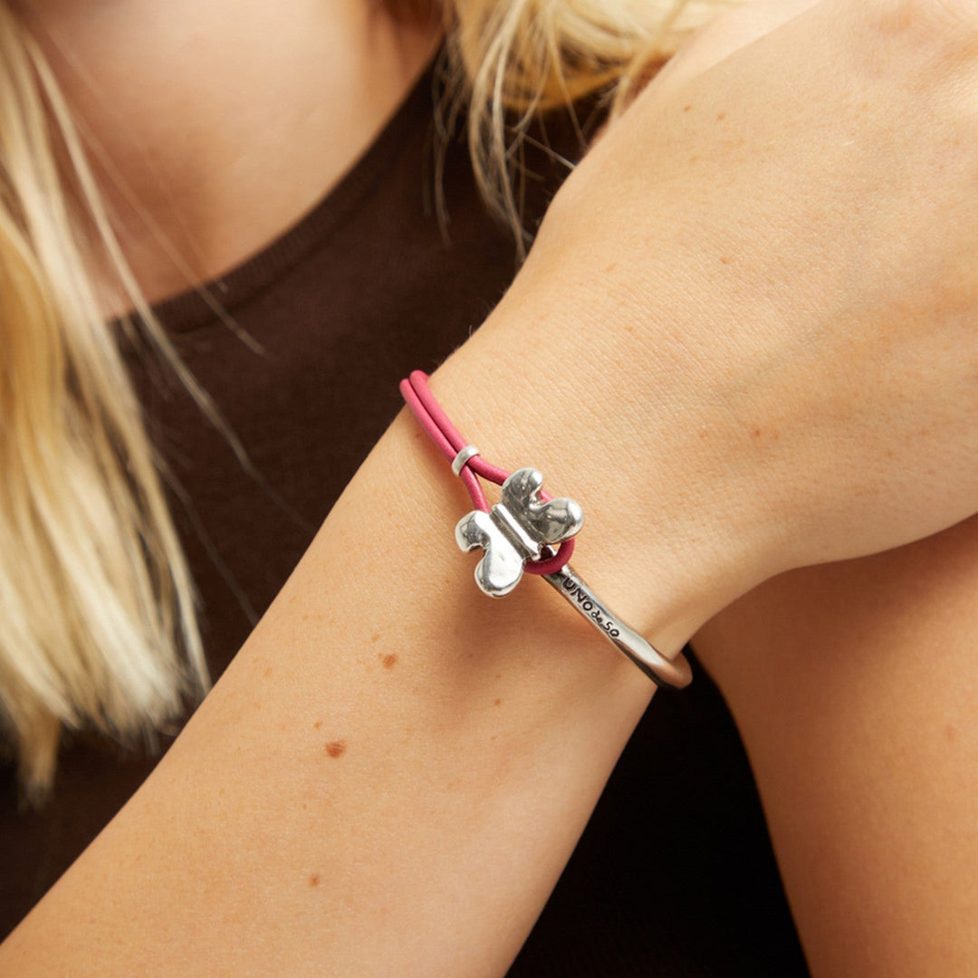 Semi-Rigid Plated In Sterling Silver Pink Leather Threat And Butterfly Bracelets PUL2614RSAMTL