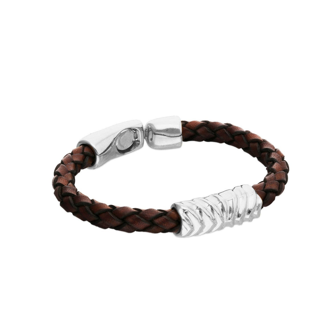 Leather And Sterling Silver Plated Alloy Links Bracelets PUL2632MARMTL