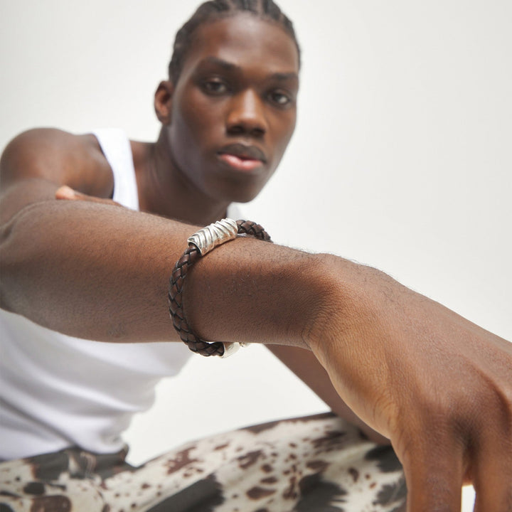 Leather And Sterling Silver Plated Alloy Links Bracelets PUL2632MARMTL