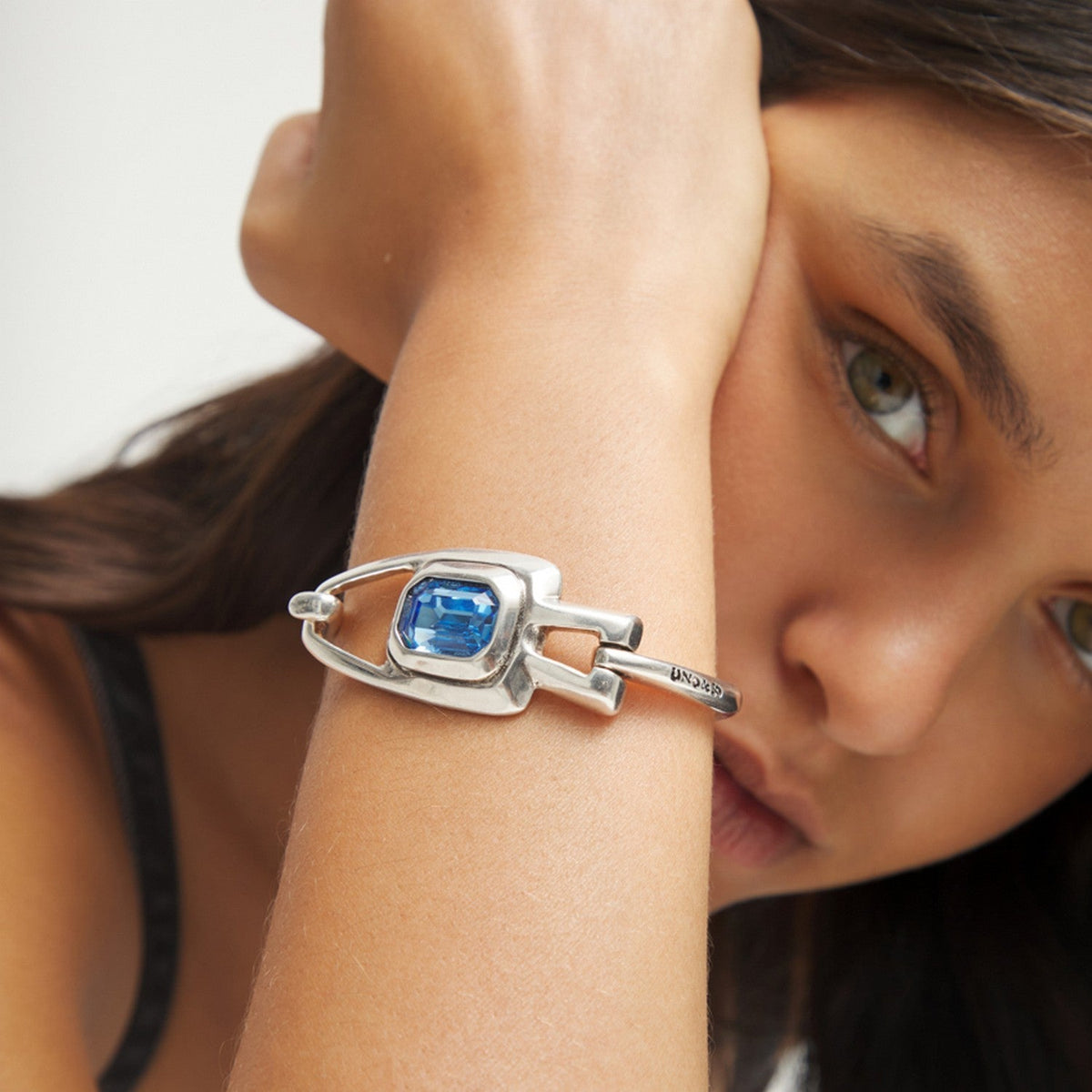 Metal Alloy Semi Rigid Plated In Sterling Silver Blue Faceted Crystal Bangles PUL2634AZUMTL