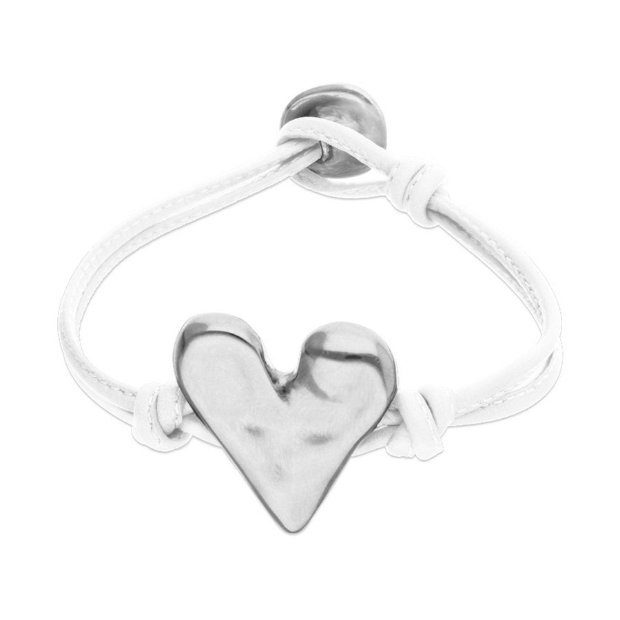 White Leather Heart Shaped Sterling Silver Plated Detail Bracelet PUL2638BLCMTL