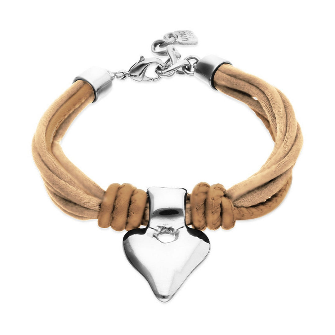  Mix Of Silk Effect And Leather Beige Thread And Sterling Silver Heart Detail Bracelets PUL2640CAMMTL