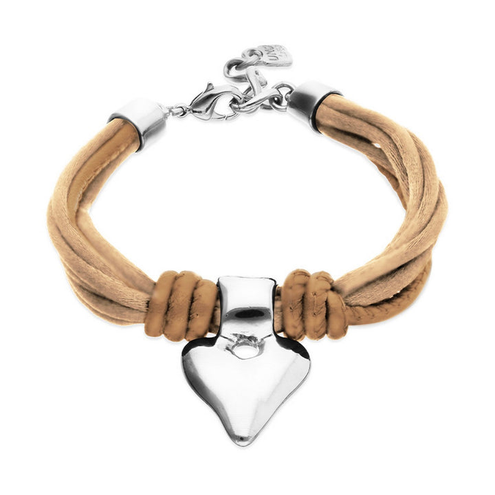  Mix Of Silk Effect And Leather Beige Thread And Sterling Silver Heart Detail Bracelets PUL2640CAMMTL
