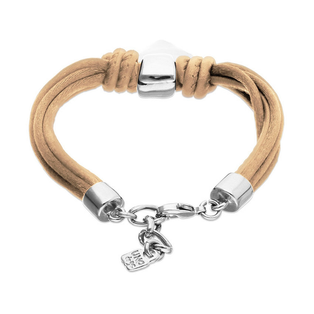 Mix Of Silk Effect And Beige Leather Thread And Sterling Silver Heart Detail Bracelet PUL2640CAMMTL