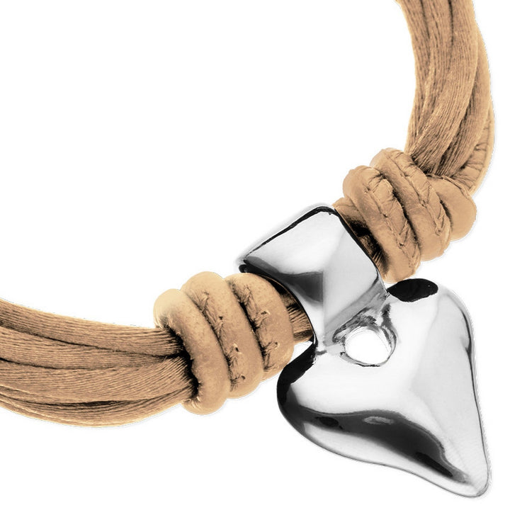  Mix Of Silk Effect And Leather Beige Thread And Sterling Silver Heart Detail Bracelets PUL2640CAMMTL