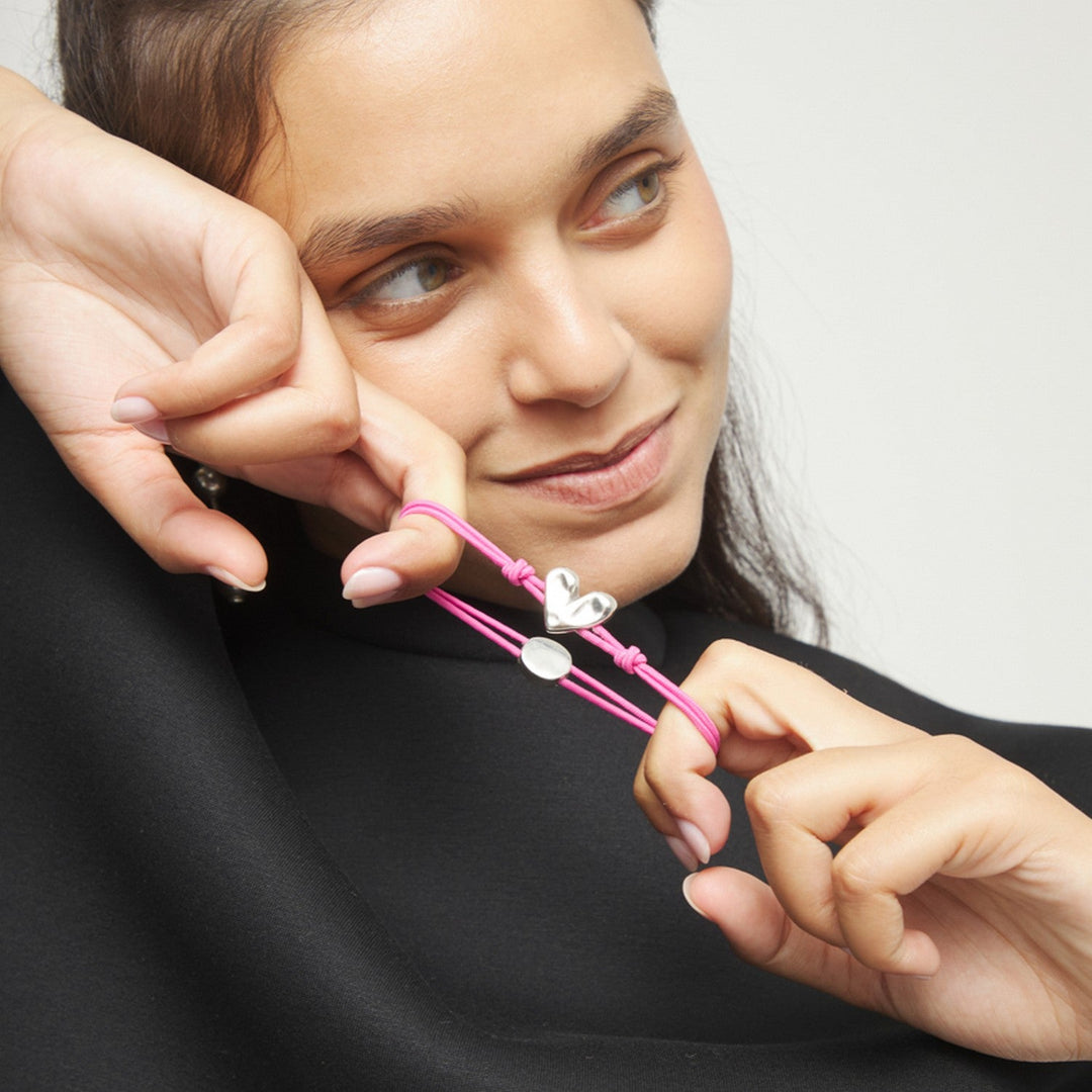 Pink Elastic Thread Sterling Silver Plated Heart Bracelets PUL2641RSAMTL