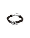A multi-strand dark brown cord bracelet with two polished silver-tone heart-shaped charms and a silver-tone lobster clasp, shown on a plain white background.