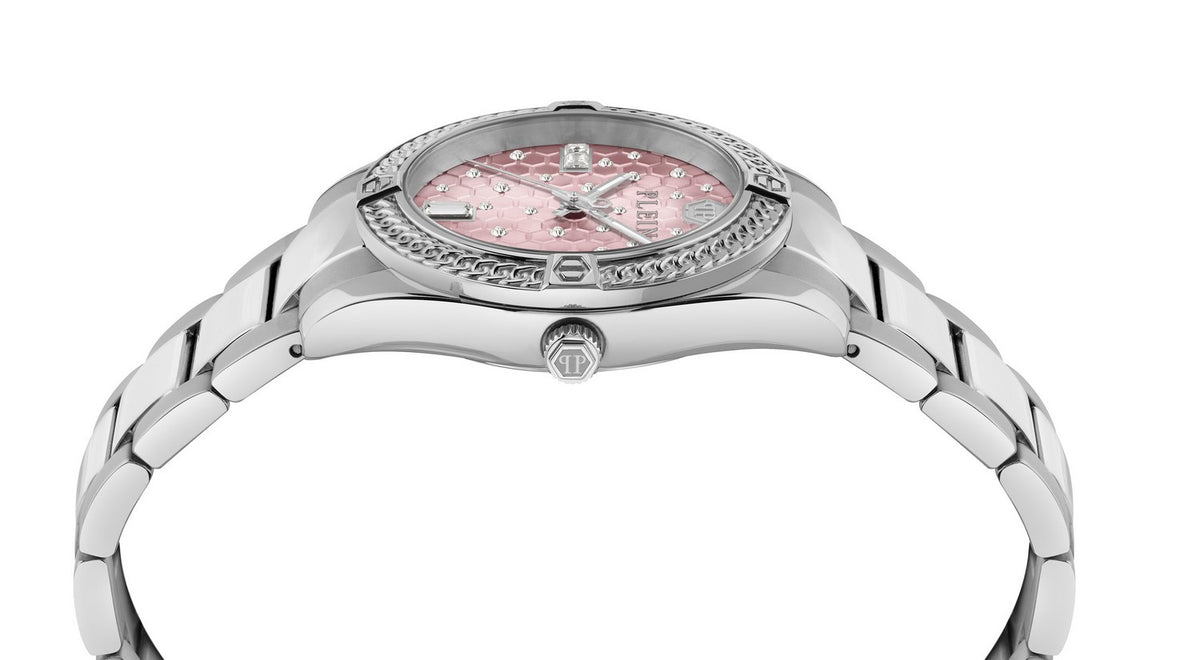 Philipp Plein Women’s Plein Icon Chain 36 mm Pink Guilloché Crystal Watch PW1FA0125