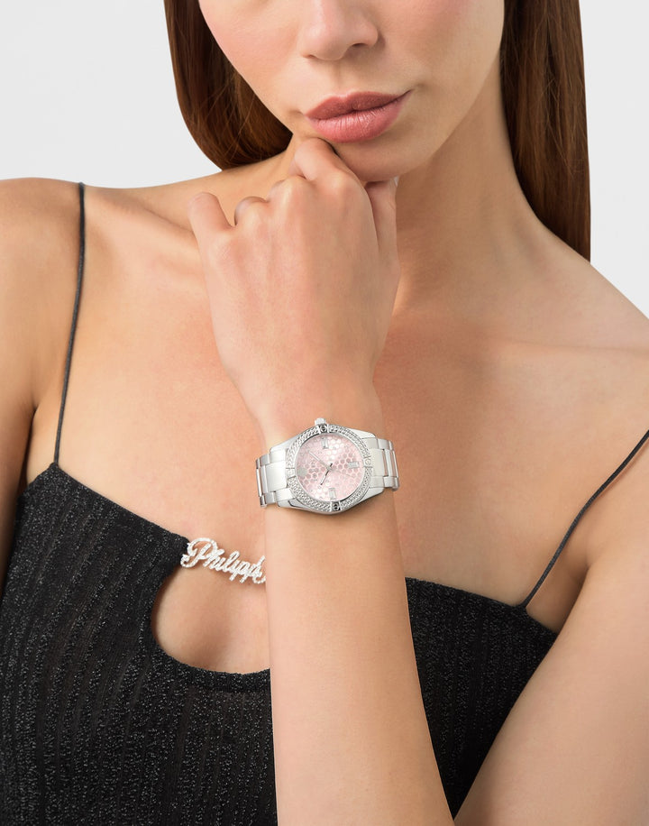 Philipp Plein Women’s Plein Icon Chain 36 mm Pink Guilloché Crystal Watch PW1FA0125