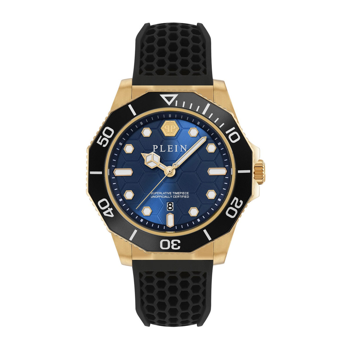 Wristwatch with black strap and blue dial on a white background