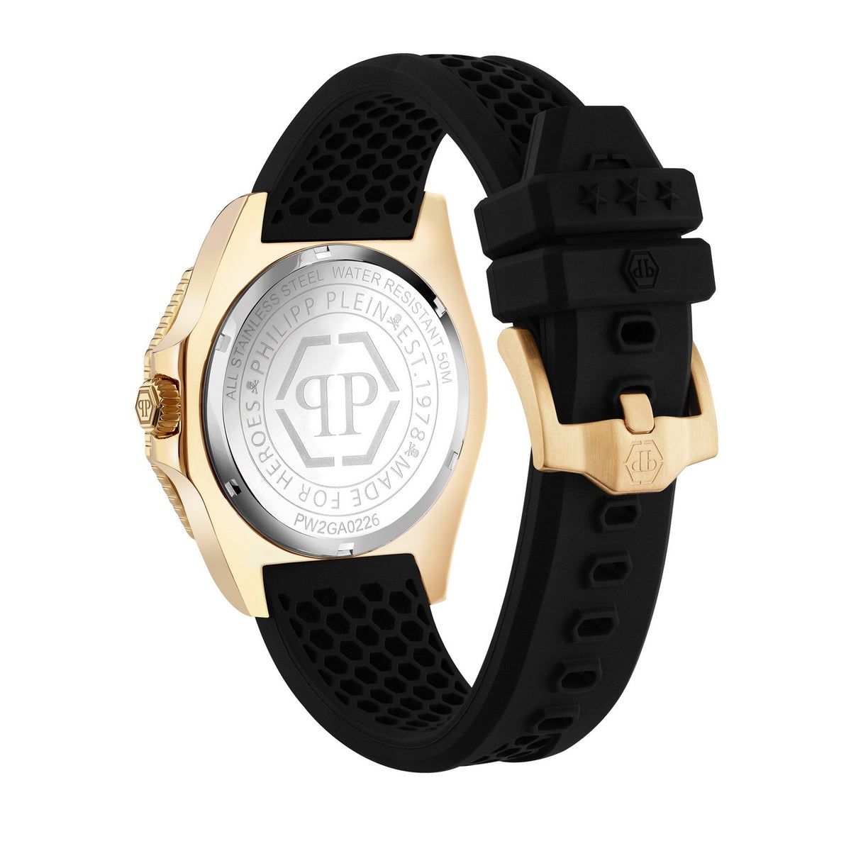 Watch with black strap and silver case on a white background