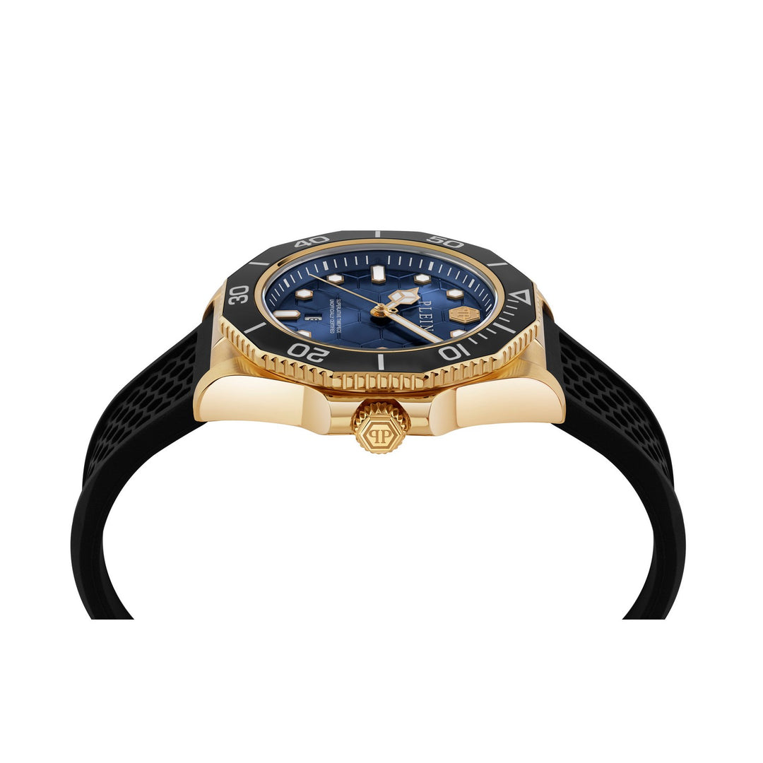 Gold and black watch with blue face on a white background